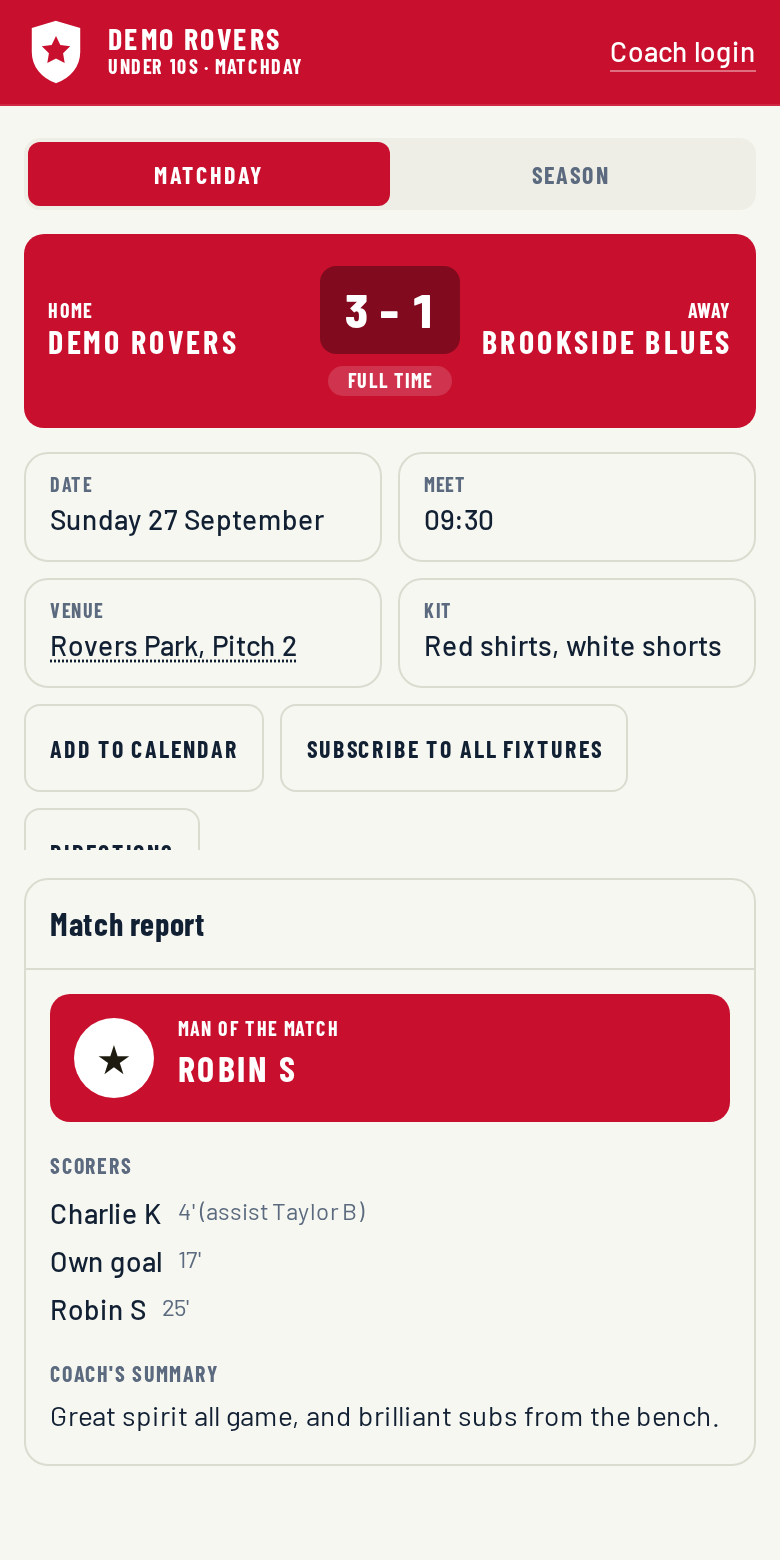 Demo Rovers screen: Coach publishes the score and report