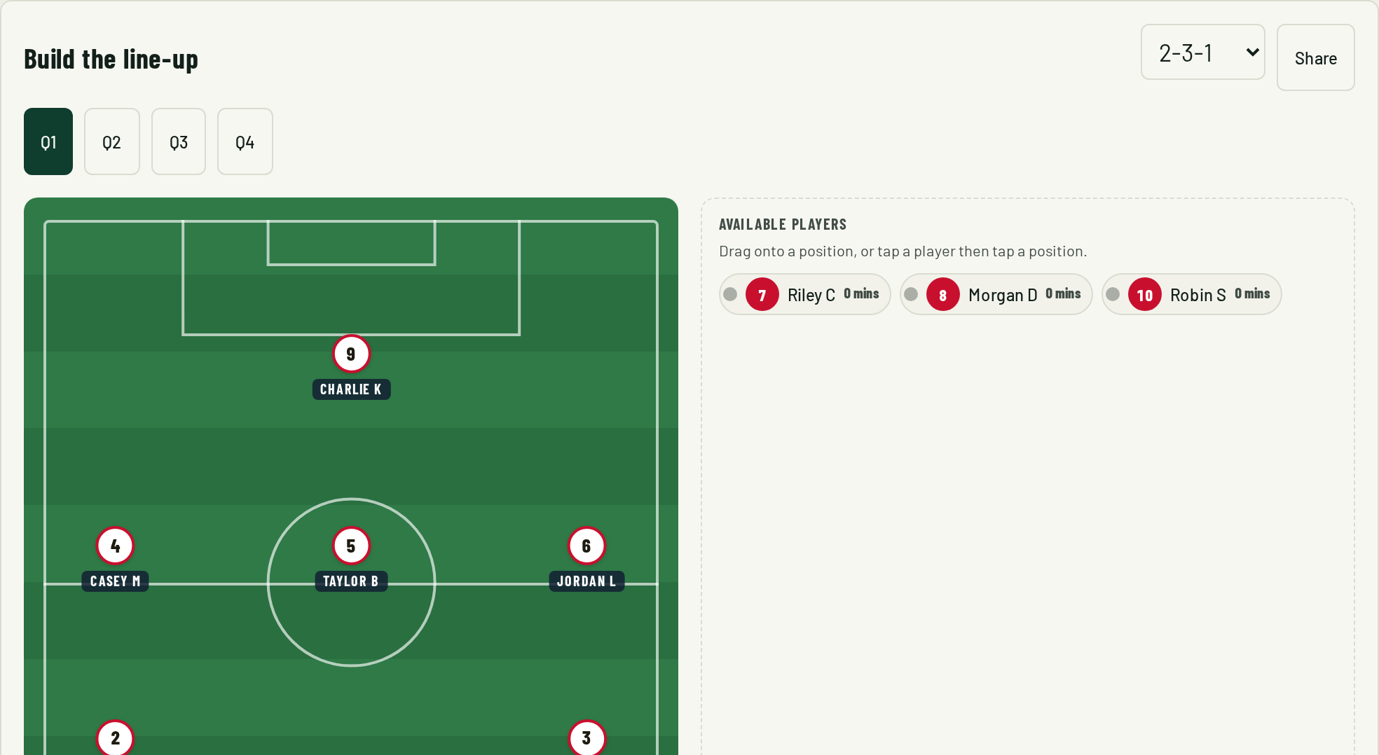Demo Rovers coach team-sheet builder with period tabs, pitch, available players and planned minutes