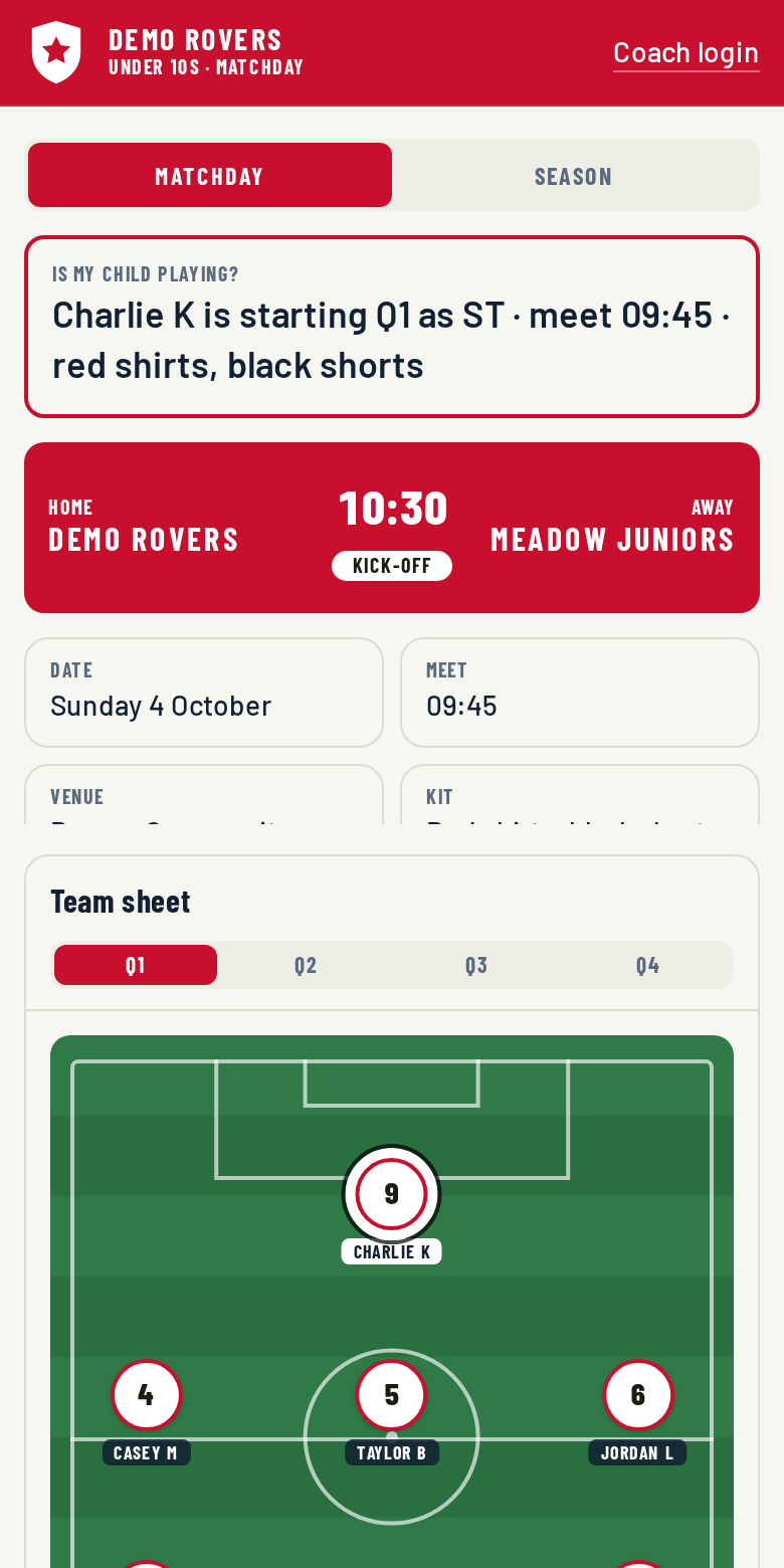 Demo Rovers screen: Parents open one matchday link